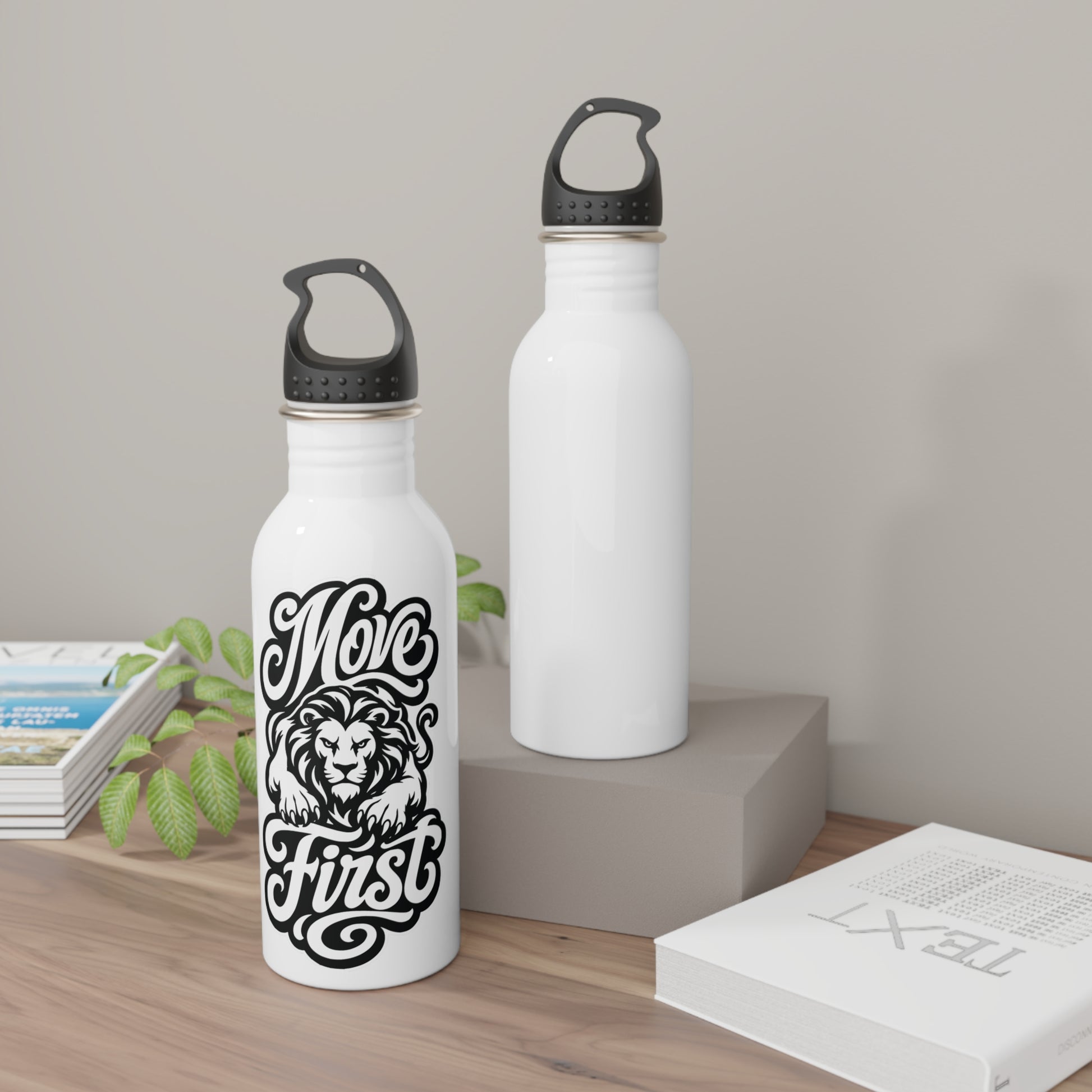 White water bottle with black lion and "Move First" text.