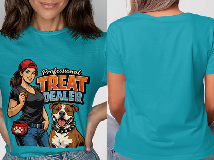 Turquoise t-shirt with "Professional Treat Dealer" text and illustration of a woman with treats and a dog.