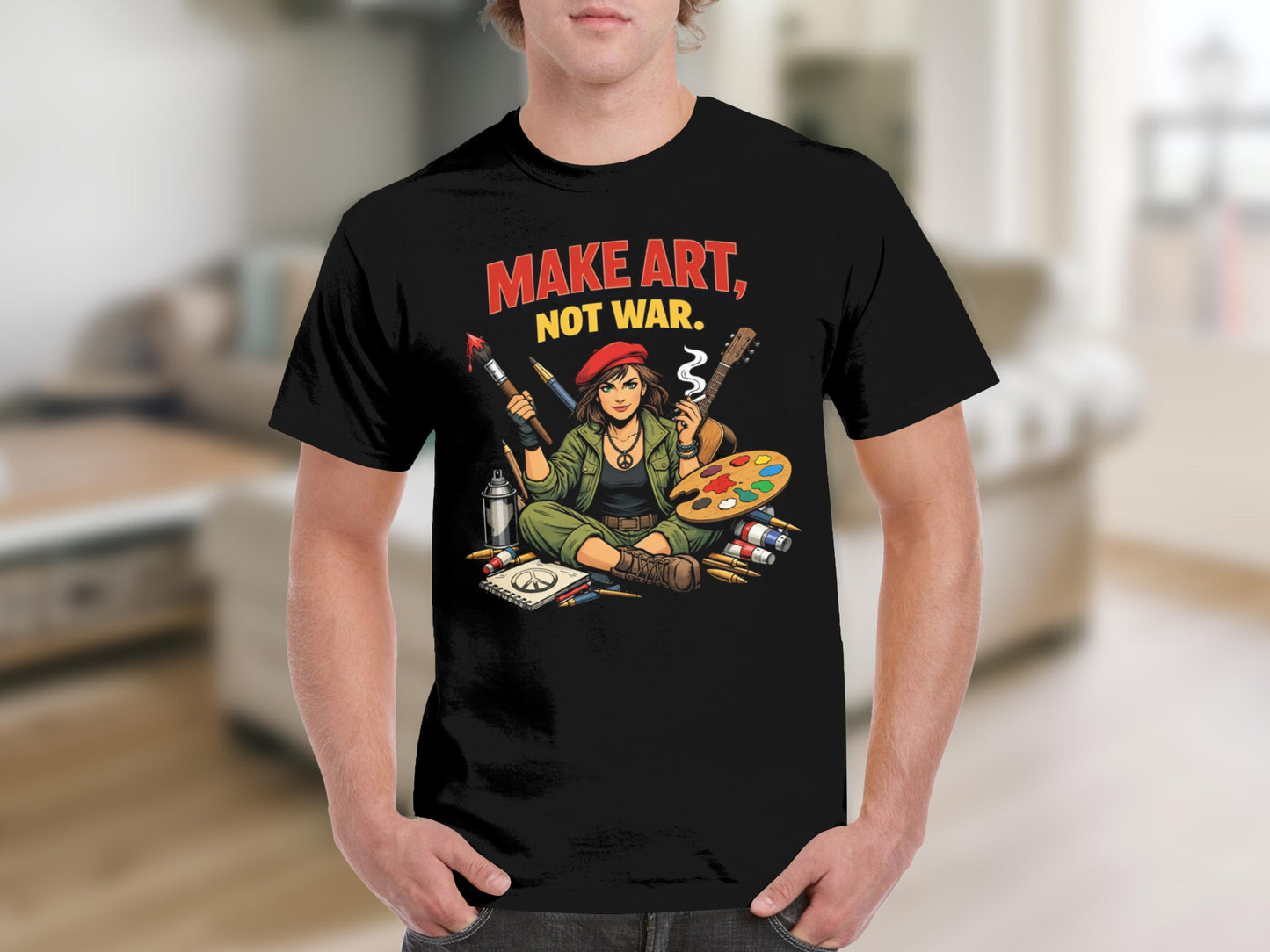 Black t-shirt with text "MAKE ART, NOT WAR" and artistic imagery.