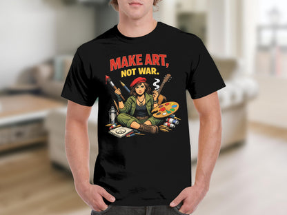 Black t-shirt with text "MAKE ART, NOT WAR" and artistic imagery.