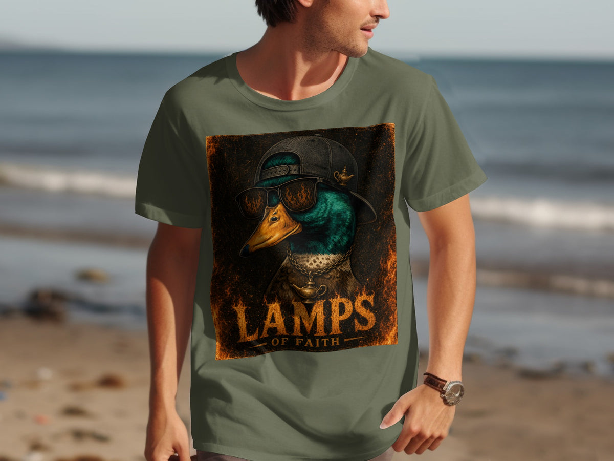 Green t-shirt with a graphic of a duck wearing sunglasses and a hat, with "LAMPS OF FAITH" text.