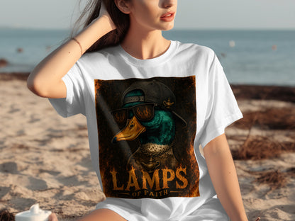 Graphic of a duck wearing sunglasses and a hat, with "LAMPS OF FAITH" text.