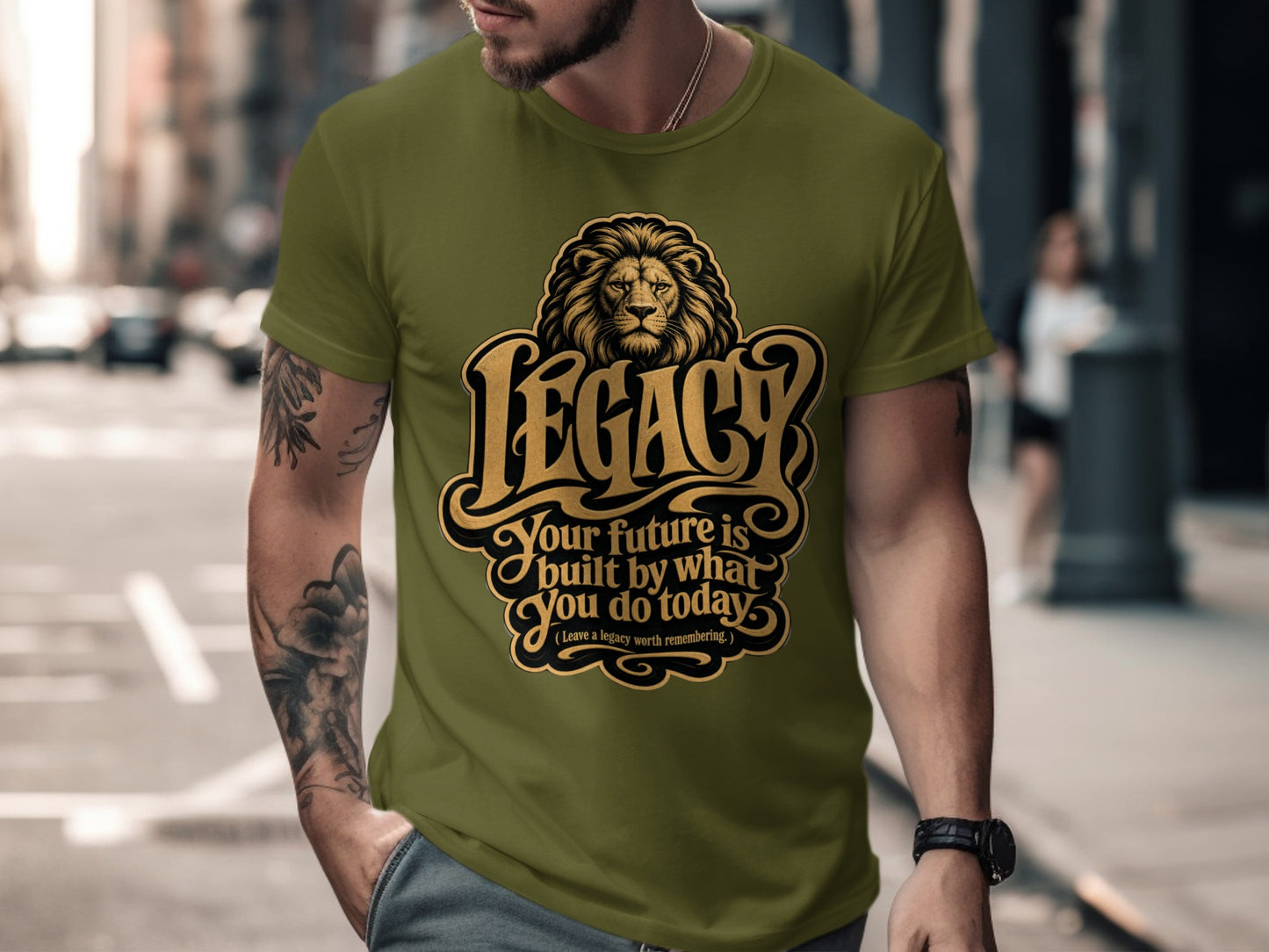 Men's olive t-shirt with "Legacy" and lion graphic, "Your future is built by what You do today."