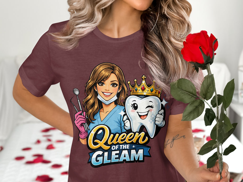 Burgundy t-shirt graphic: dentist with tools and a smiling tooth wearing a crown.