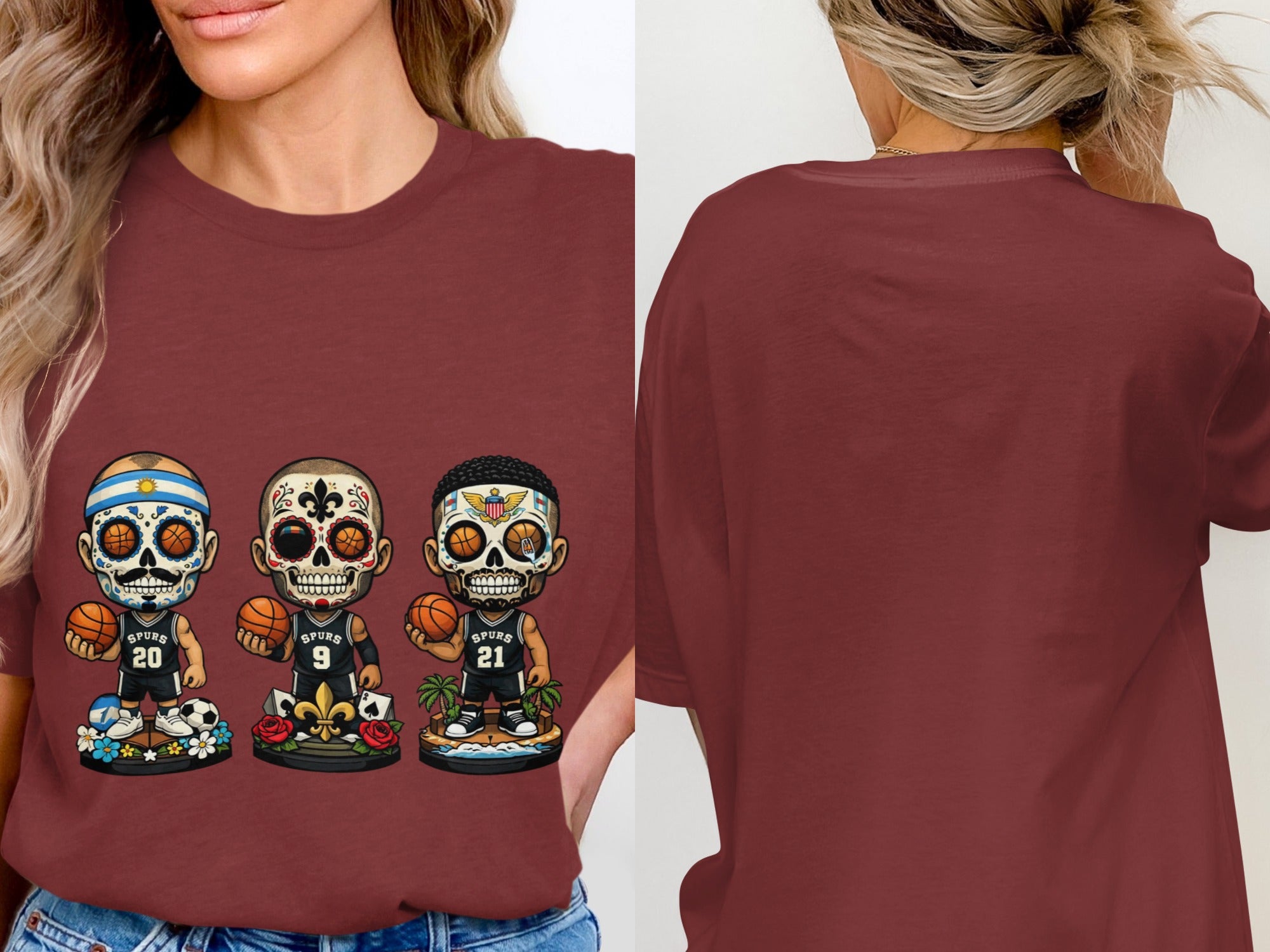 T-shirt graphic of three skeleton basketball players wearing Spurs jerseys.