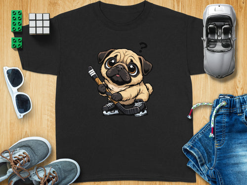 Black t-shirt with a cartoon pug in rollerblades holding a hockey stick.