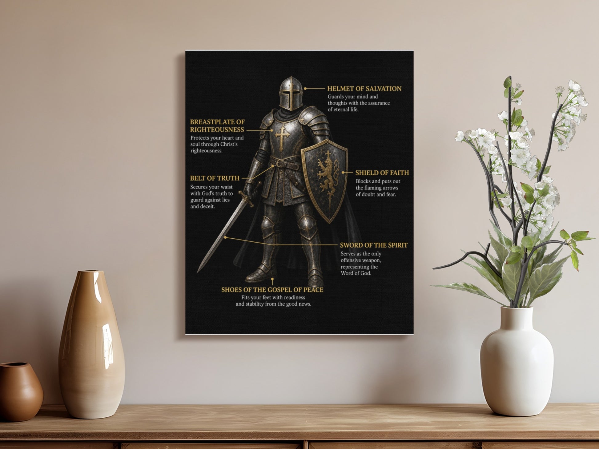 Armor of God diagram with labels: Breastplate of Righteousness, Belt of Truth, Helmet of Salvation, Shield of Faith, Sword of the Spirit.