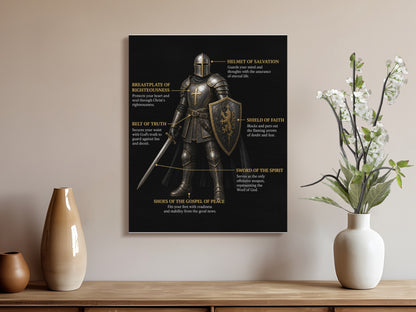 Armor of God diagram with labels: Breastplate of Righteousness, Belt of Truth, Helmet of Salvation, Shield of Faith, Sword of the Spirit.