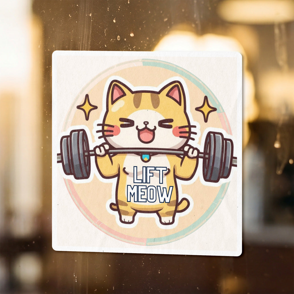 Kawaii cat character lifting weights with text "LIFT MEOW"