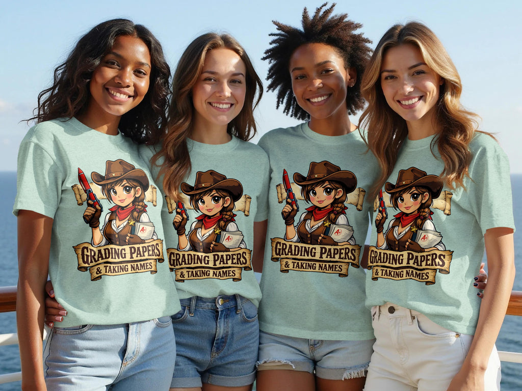 Four women wear t-shirts with a graphic of a cowgirl holding a pen and papers.