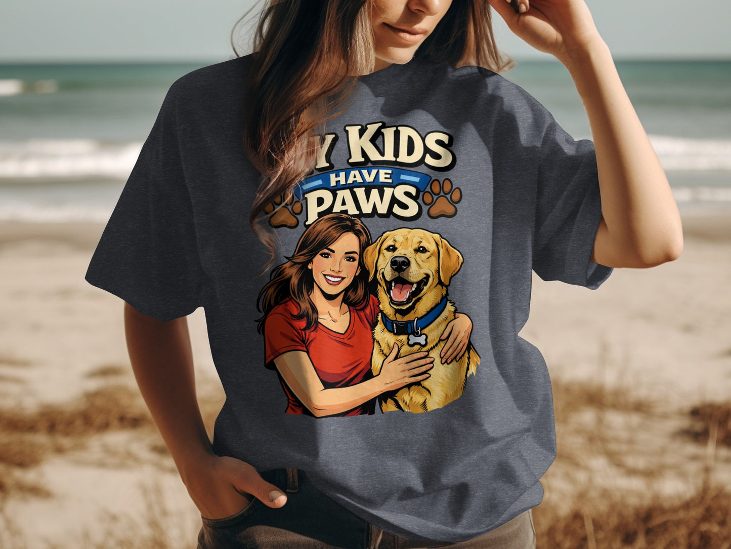 T-shirt graphic shows woman and golden retriever with text "My Kids Have Paws".