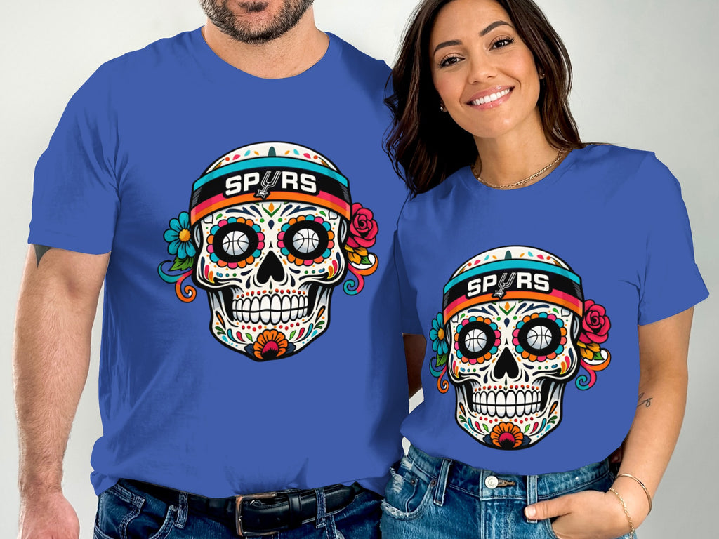 Two models wear blue t-shirts featuring colorful sugar skull designs with SPURS logo.