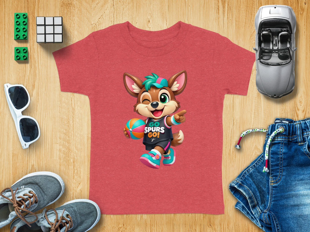 Kangaroo character with "GO SPURS GO!" graphic on a coral t-shirt.