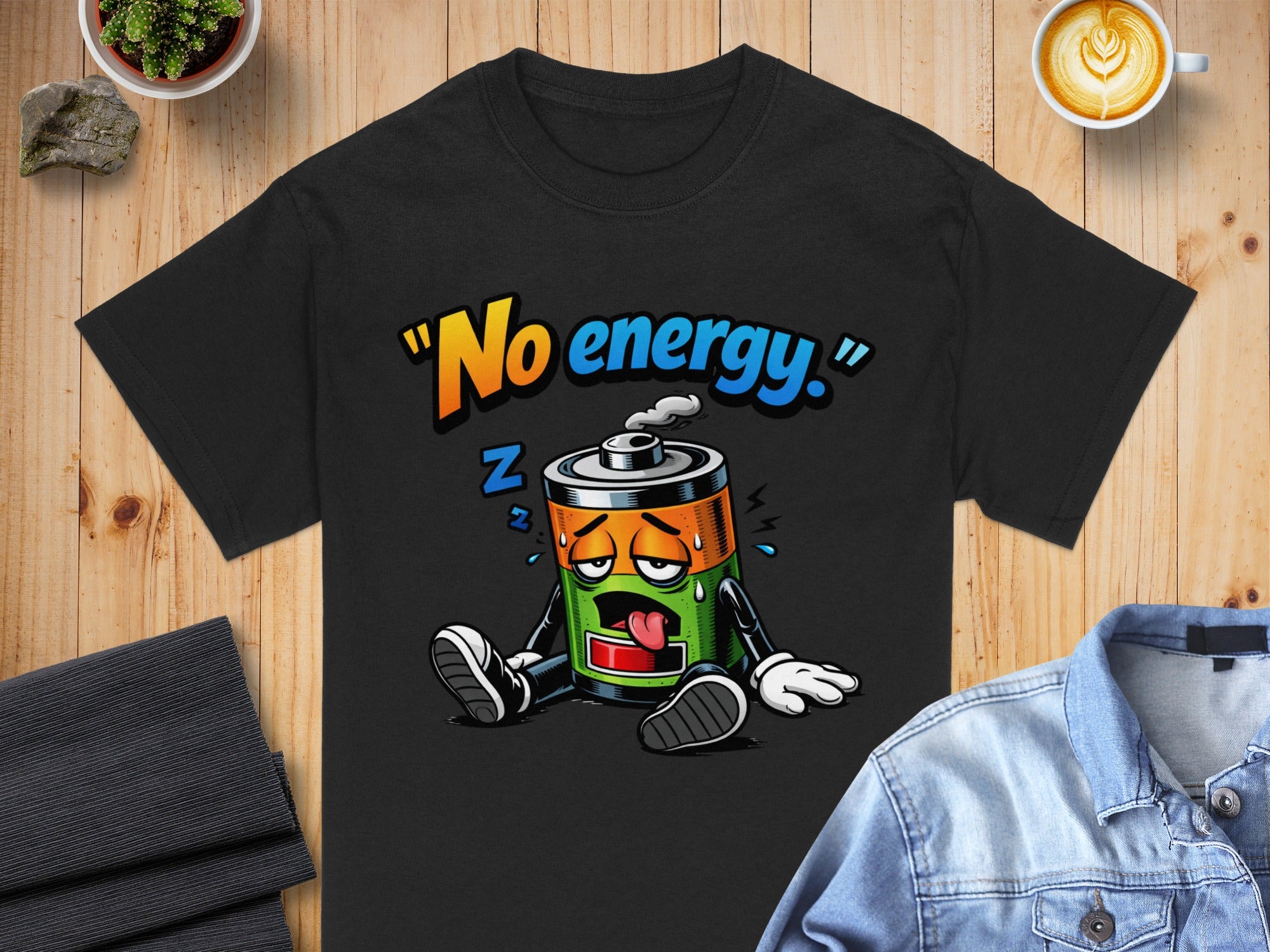 Black t-shirt with cartoon battery and "No energy" text.