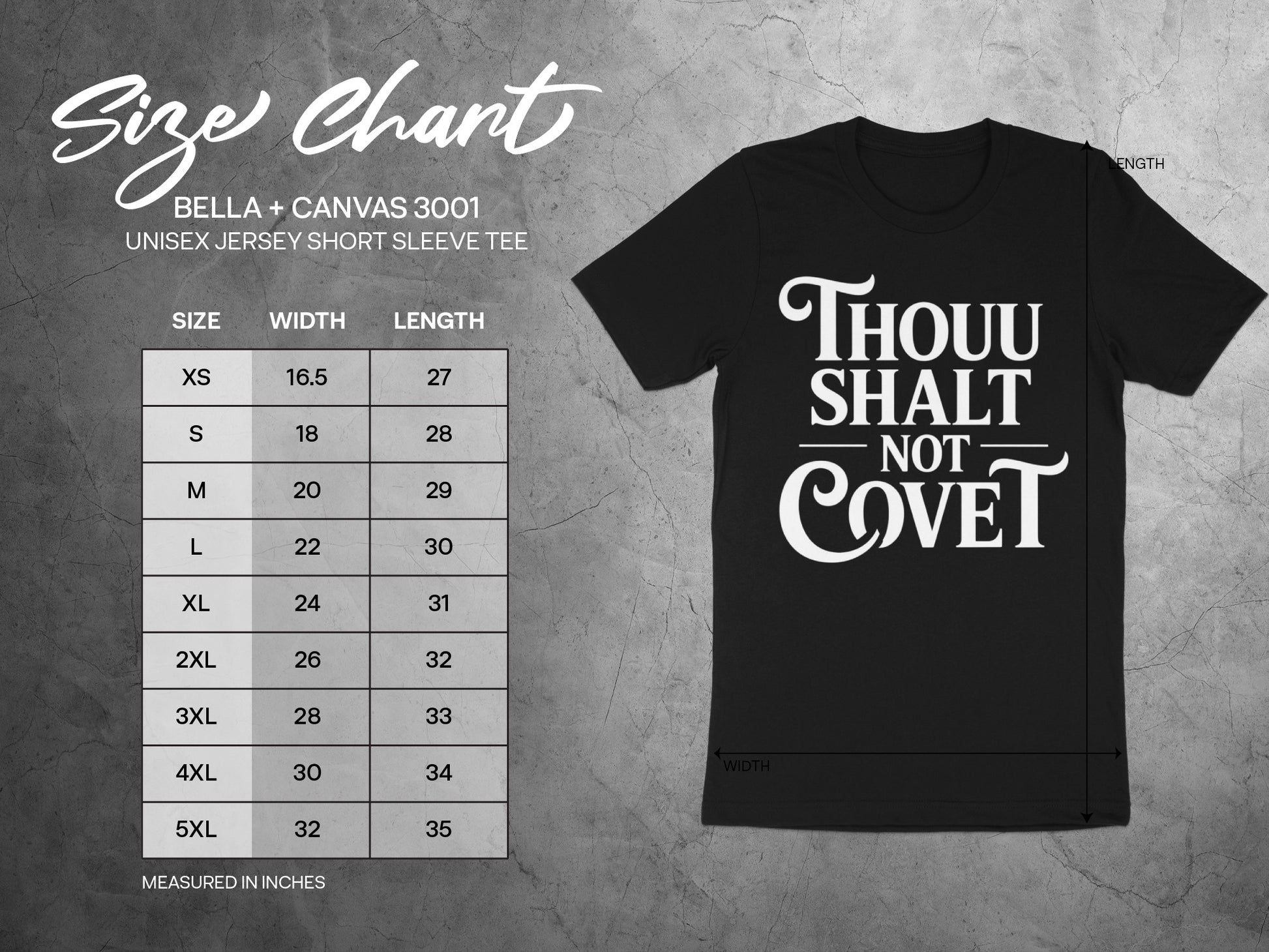 Bella + Canvas 3001 unisex t-shirt size chart with width and length measurements.