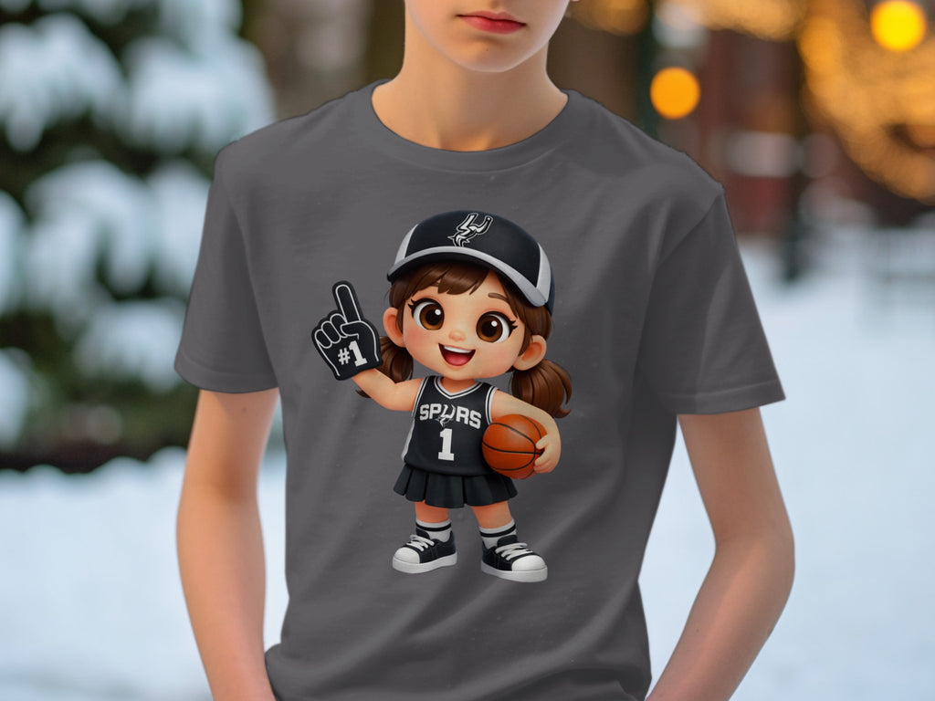 Spurs fan cartoon girl in uniform holding basketball and foam finger.
