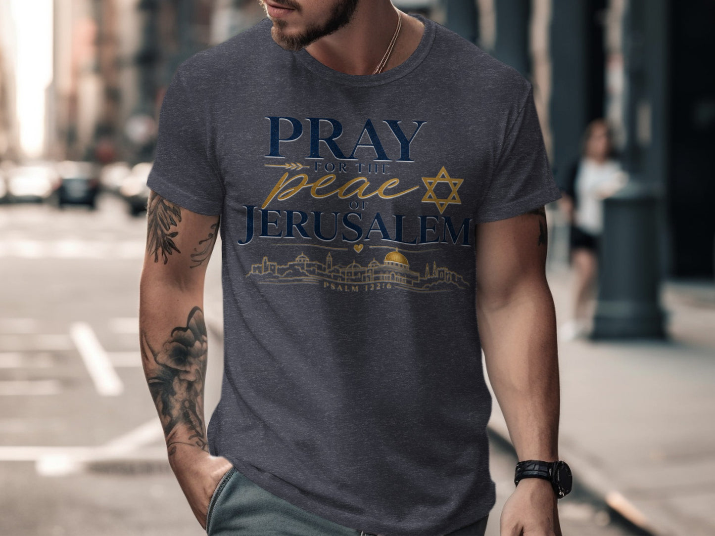 Gray t-shirt with "PRAY FOR THE PEACE OF JERUSALEM" text and skyline.