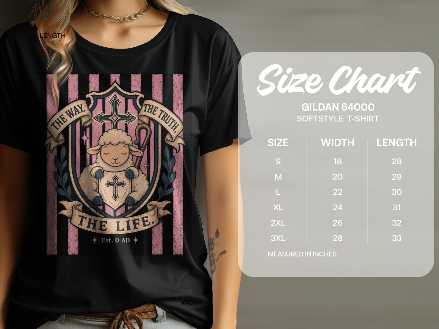 Black t-shirt with shield graphic of sheep, cross, shepherd's hook, and text. Size chart included.