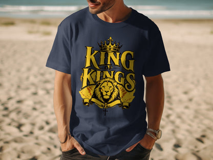 Navy t-shirt with gold "King of Kings" text, lion, crown, and cross graphic.