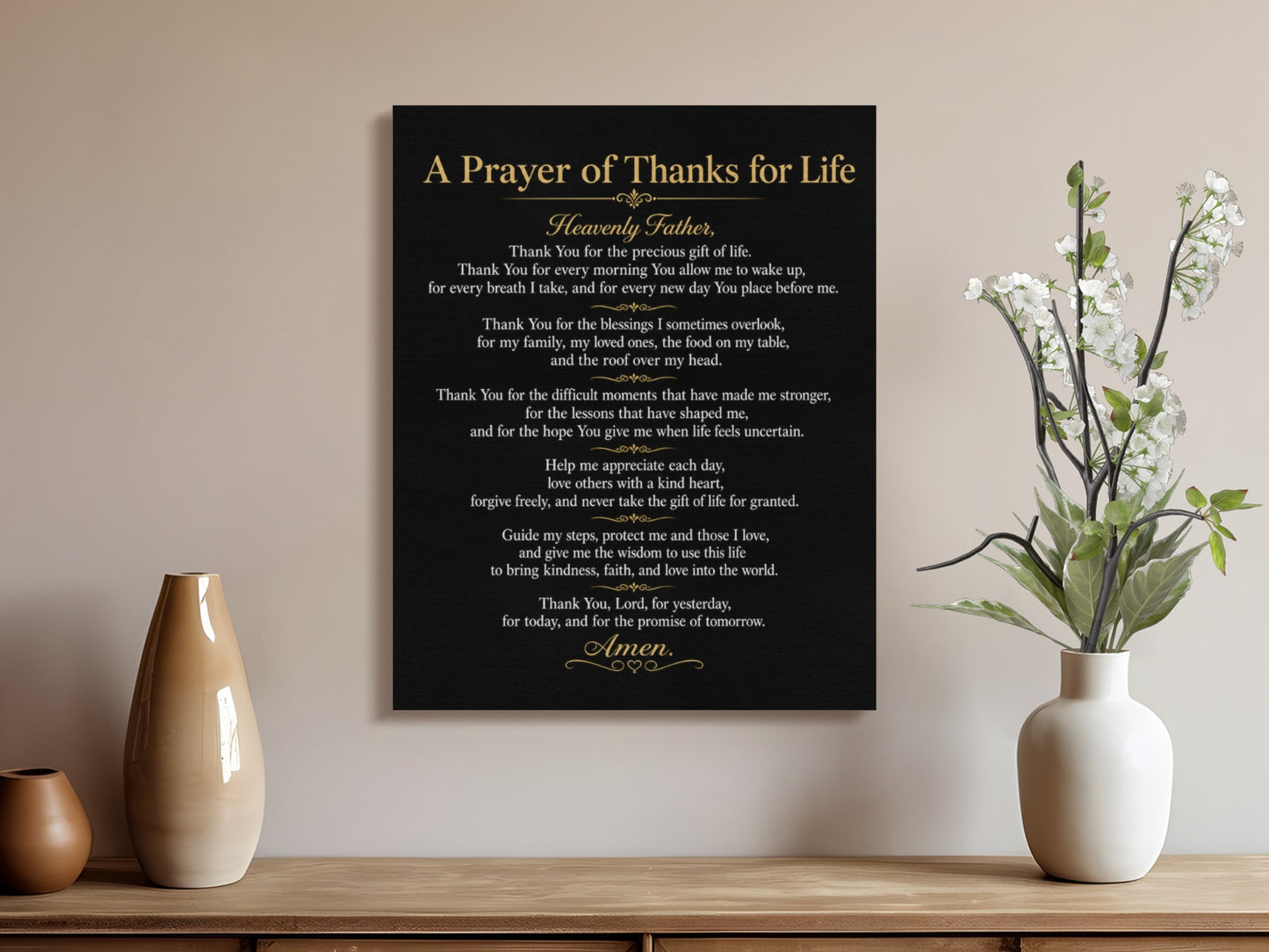 Black canvas wall art with gold text: "A Prayer of Thanks for Life".