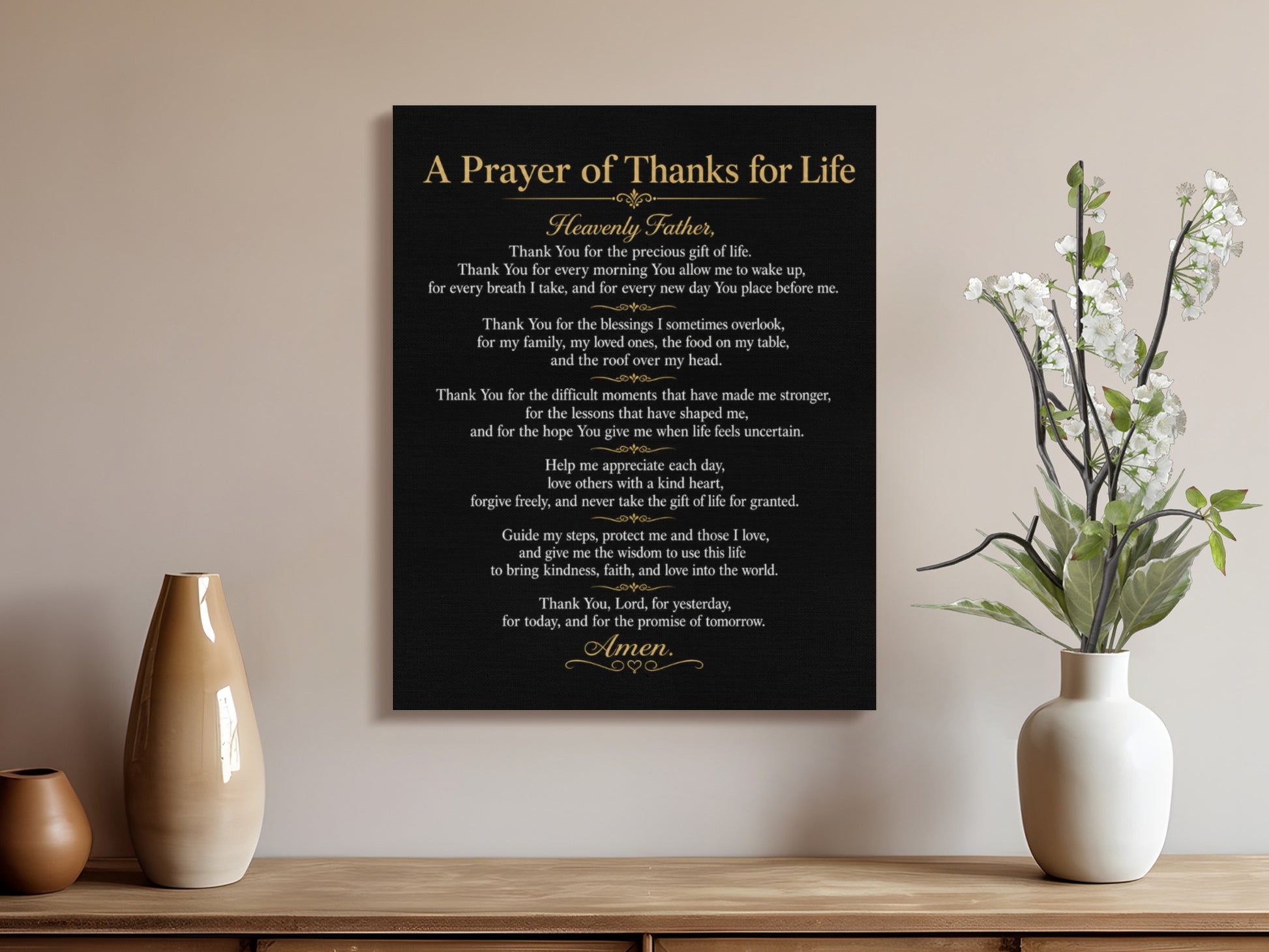Black canvas wall art with gold text: "A Prayer of Thanks for Life".