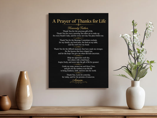 Black canvas wall art with gold text: "A Prayer of Thanks for Life".