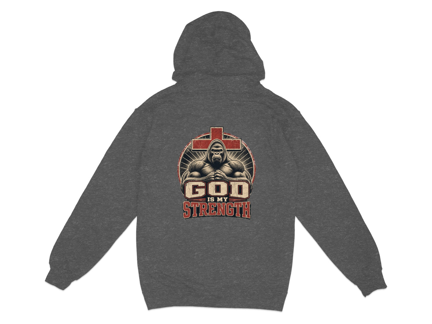 Dark grey hoodie with a graphic of a gorilla and text saying "GOD IS MY STRENGTH".