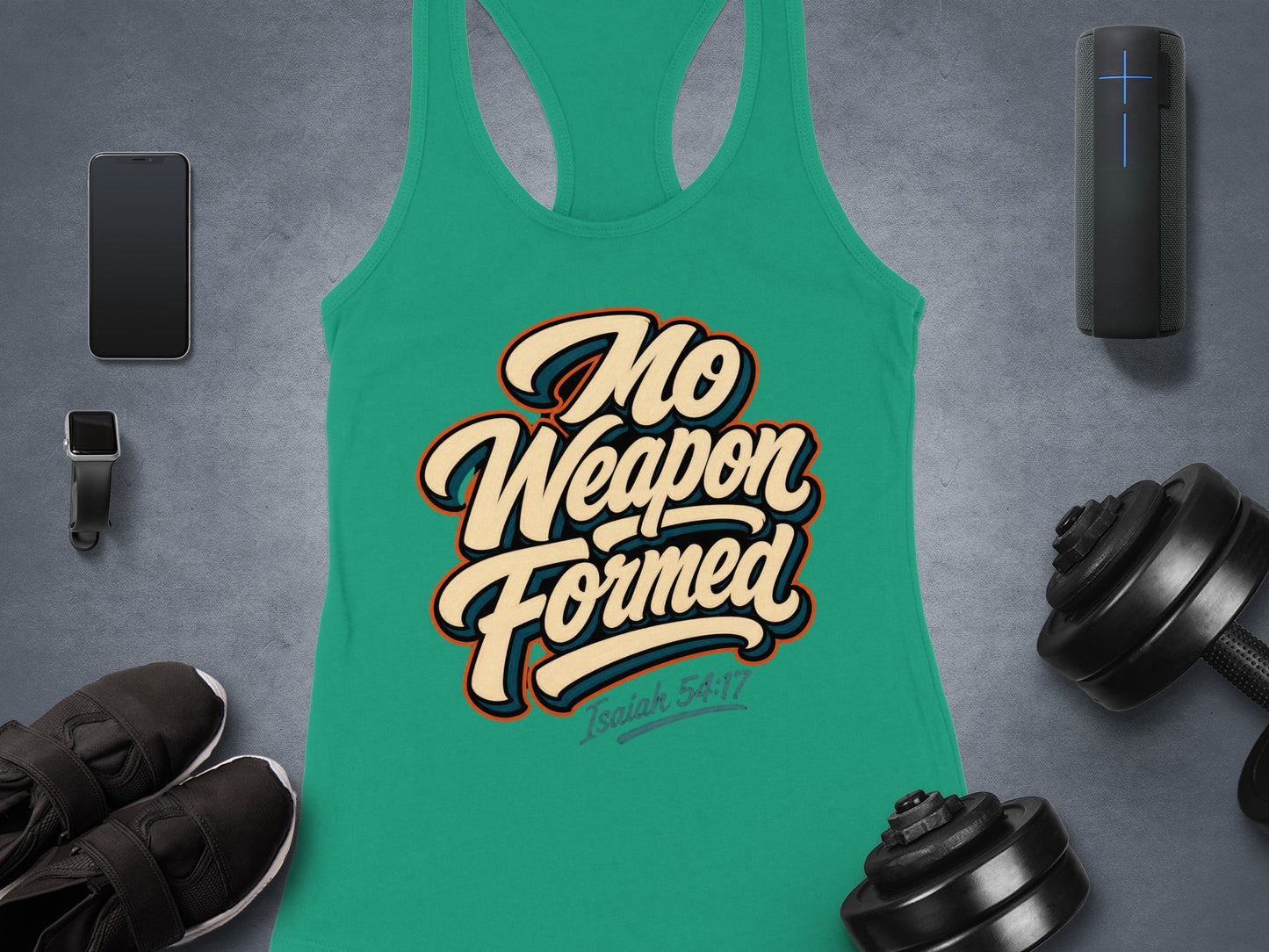 Teal tank top with "No Weapon Formed" and "Isaiah 54:17" text.