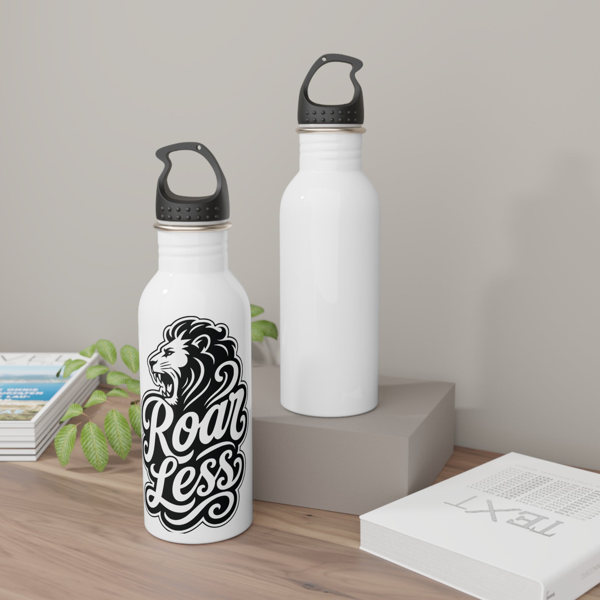 White water bottle with roaring lion and "Roar Less" text design.