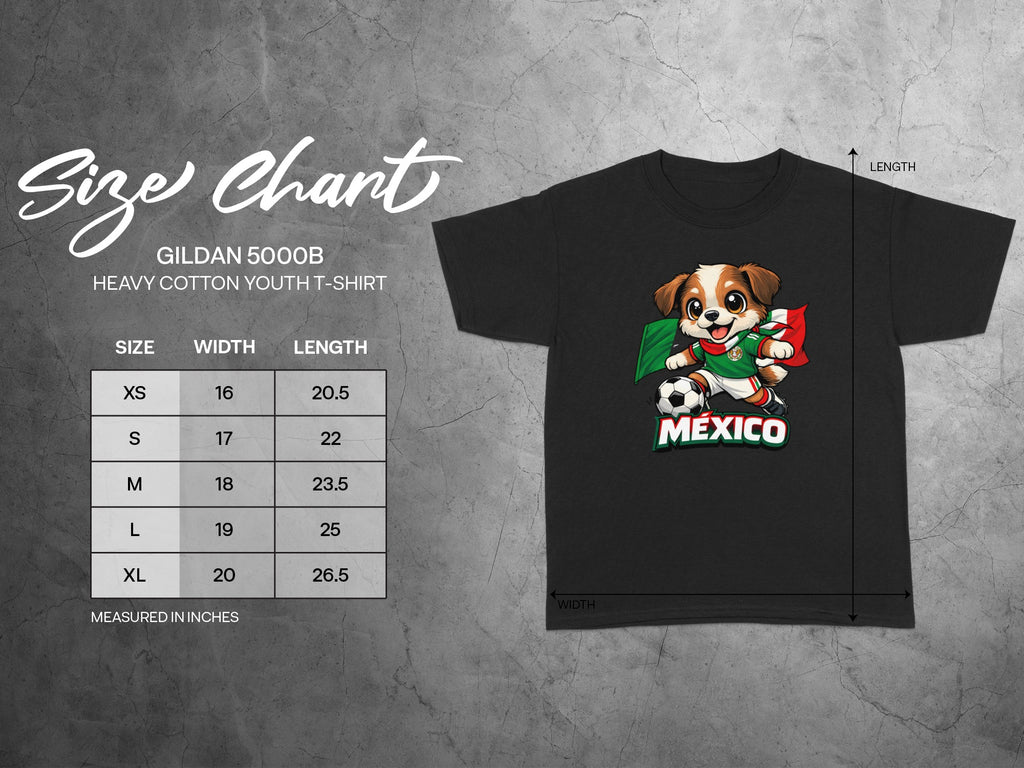 Gildan 5000B size chart for youth t-shirt with dog graphic wearing soccer uniform.