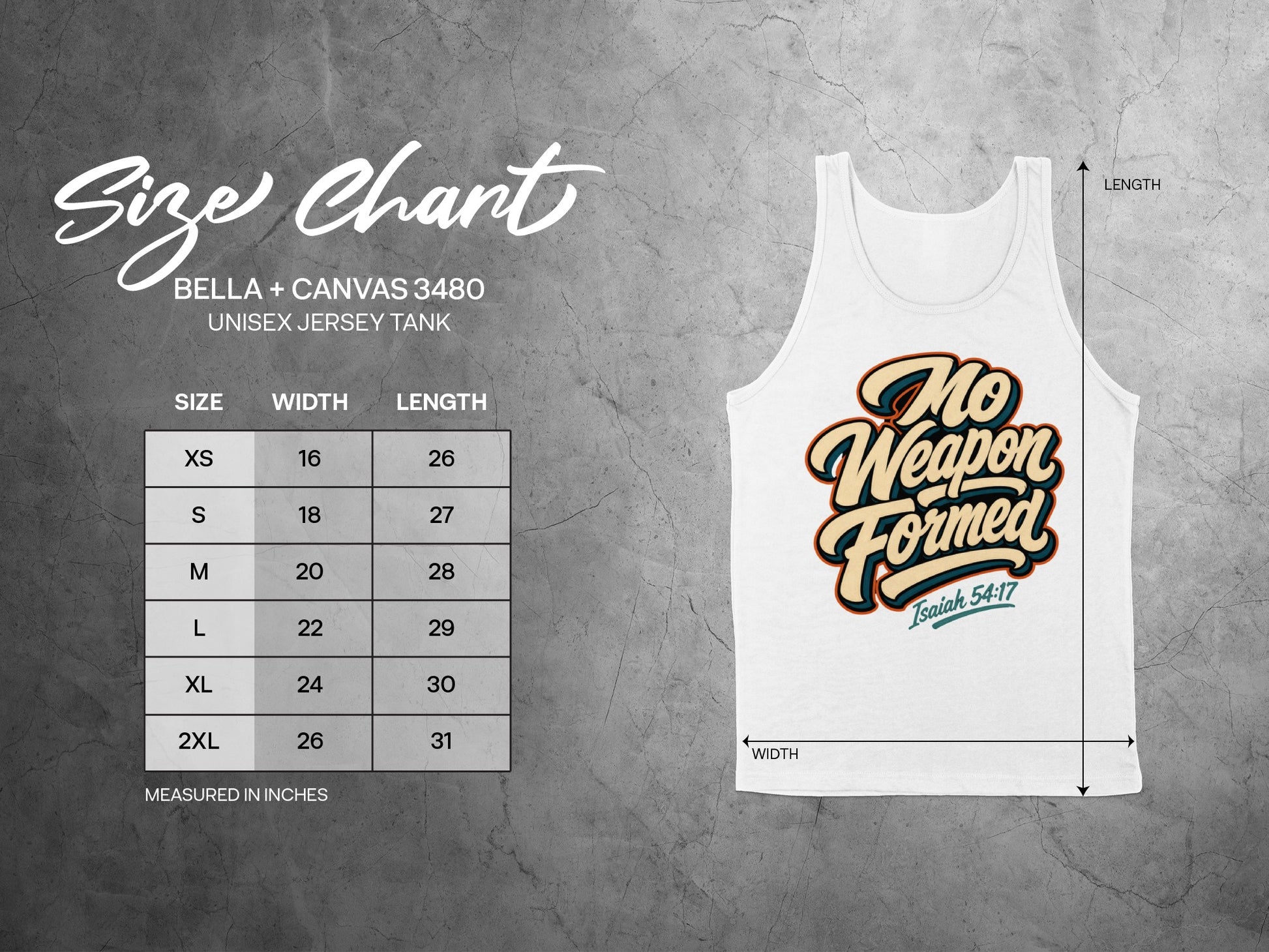 Bella + Canvas unisex jersey tank size chart with measurements and "No Weapon Formed" graphic.