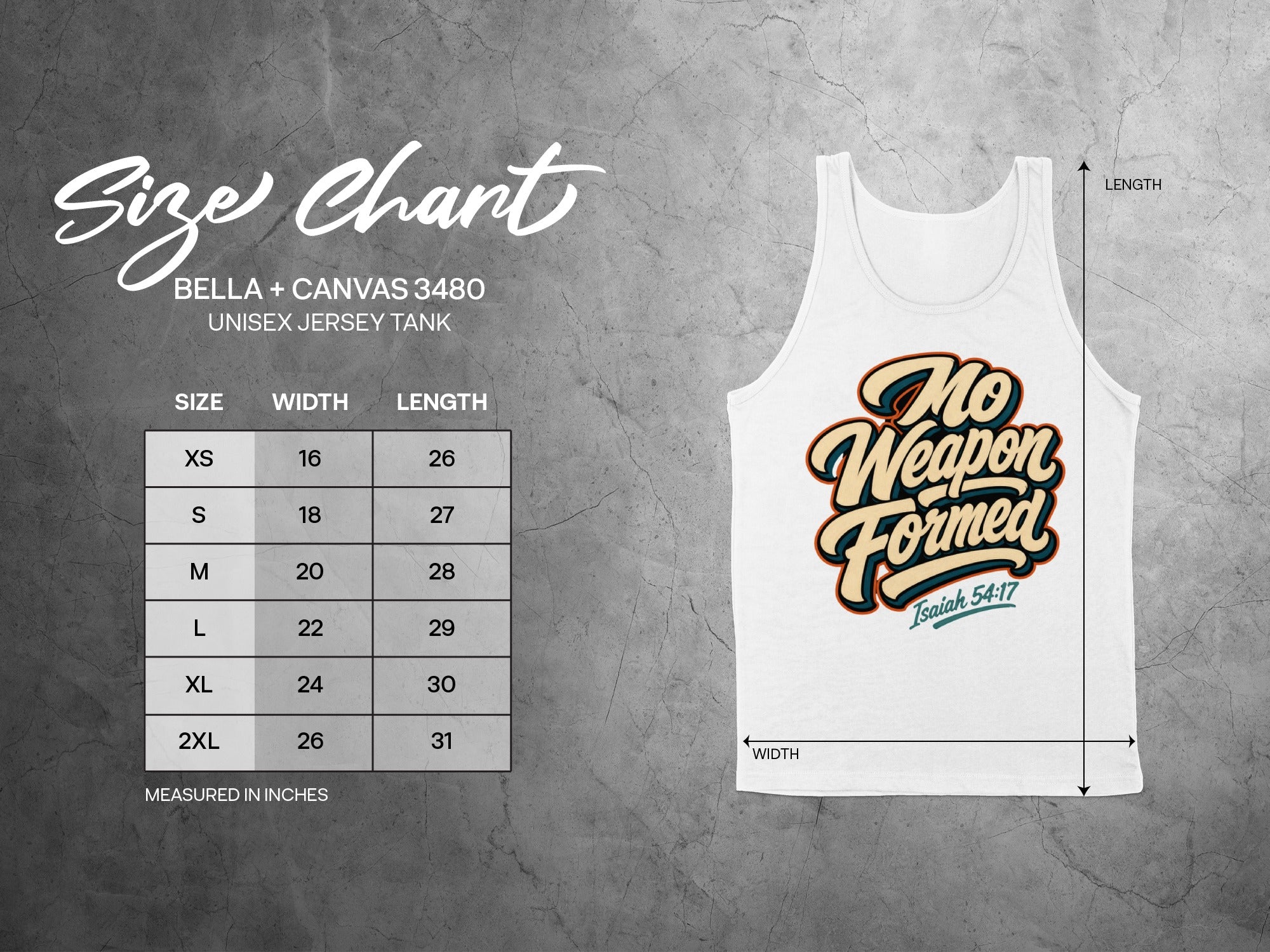 Bella + Canvas unisex jersey tank size chart with measurements and "No Weapon Formed" graphic.