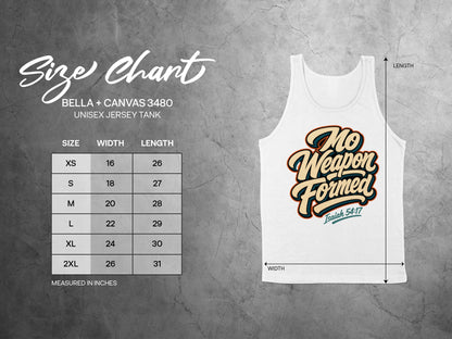 Bella + Canvas unisex jersey tank size chart with measurements and "No Weapon Formed" graphic.