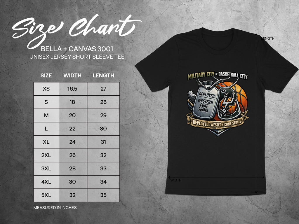 Size chart for Bella + Canvas 3001 unisex short sleeve tee, measured in inches.