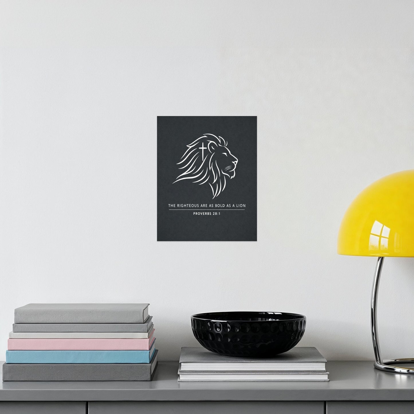 Artwork with lion silhouette and text "The Righteous Are As Bold As A Lion"