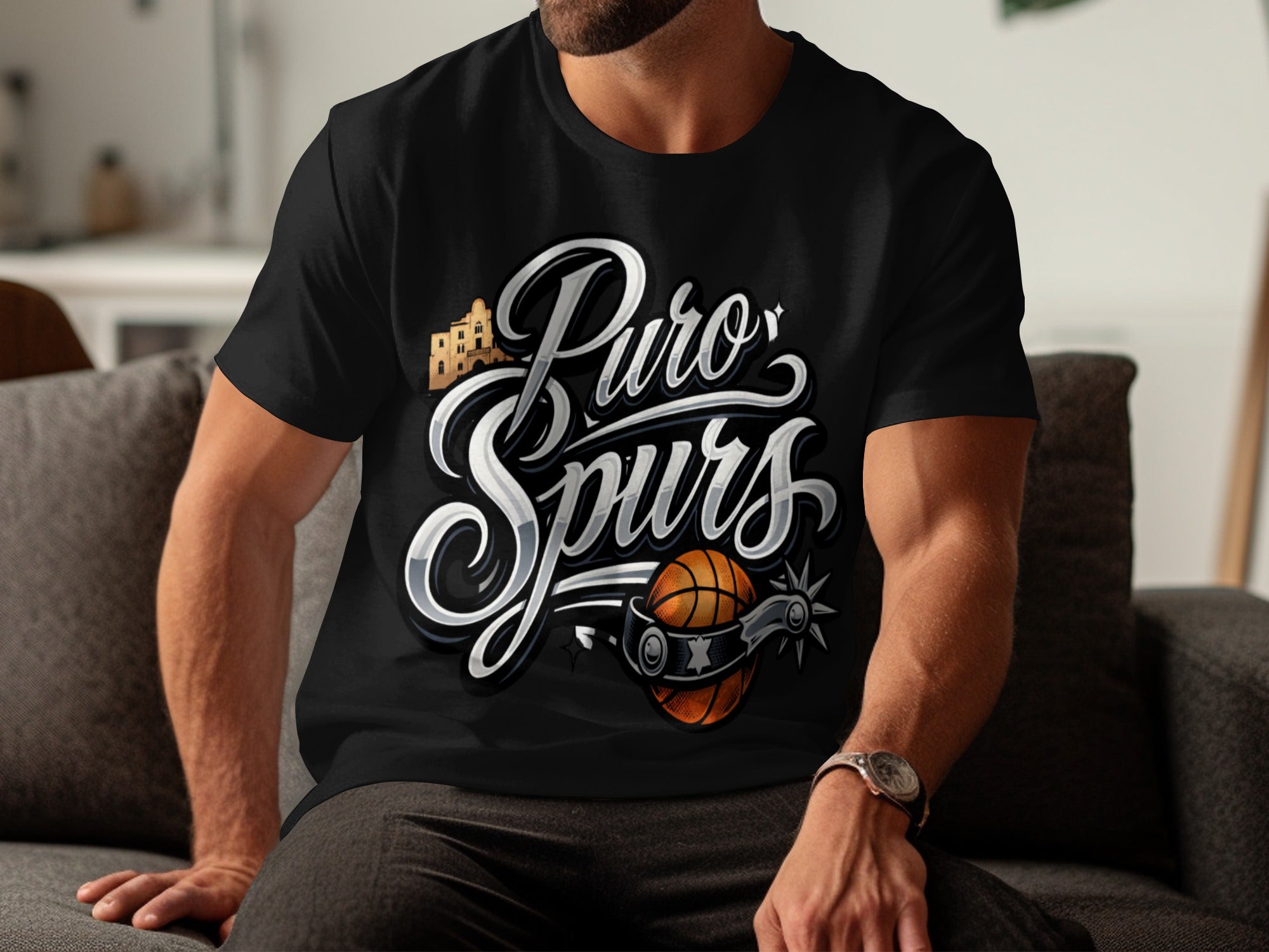 Black t-shirt with "Puro Spurs" text, a basketball, and a spur graphic.