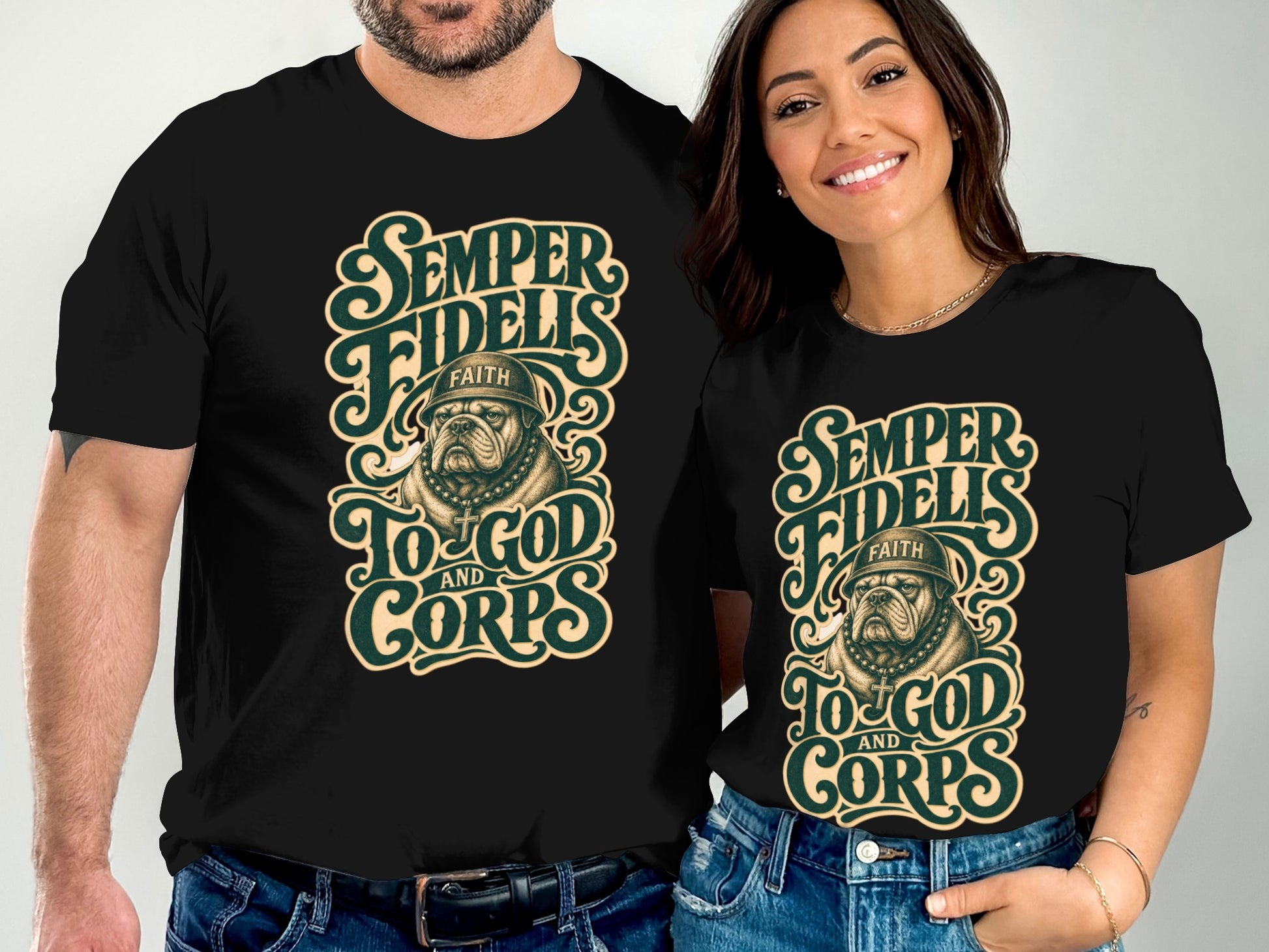 Black t-shirts with Semper Fidelis design featuring a bulldog in a helmet.