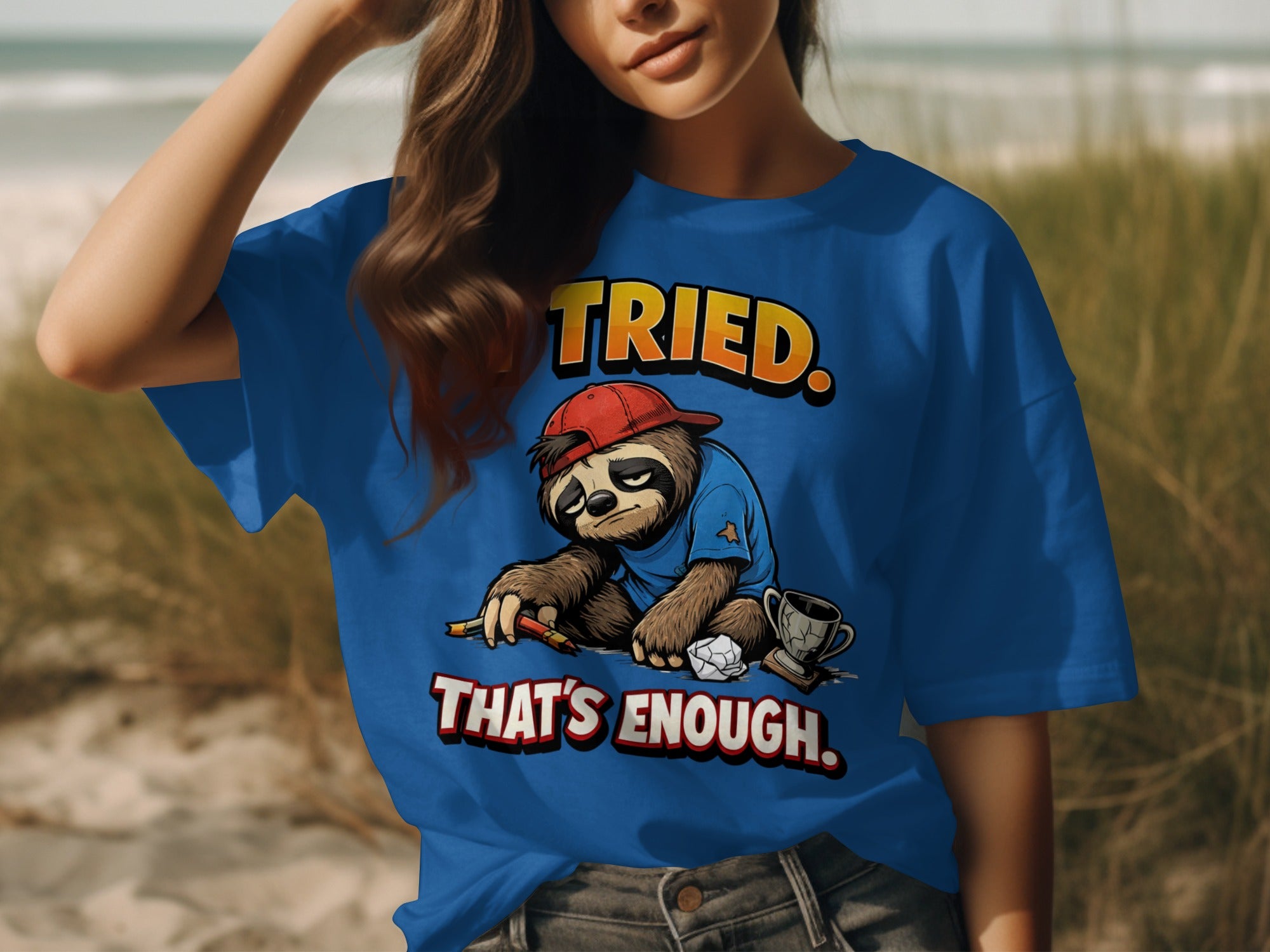 Blue t-shirt with sloth graphic and text "TRIED. THAT'S ENOUGH."