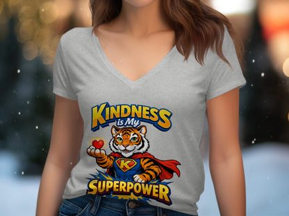 Tiger wearing a superhero costume holding a heart, "Kindness is My Superpower" text.