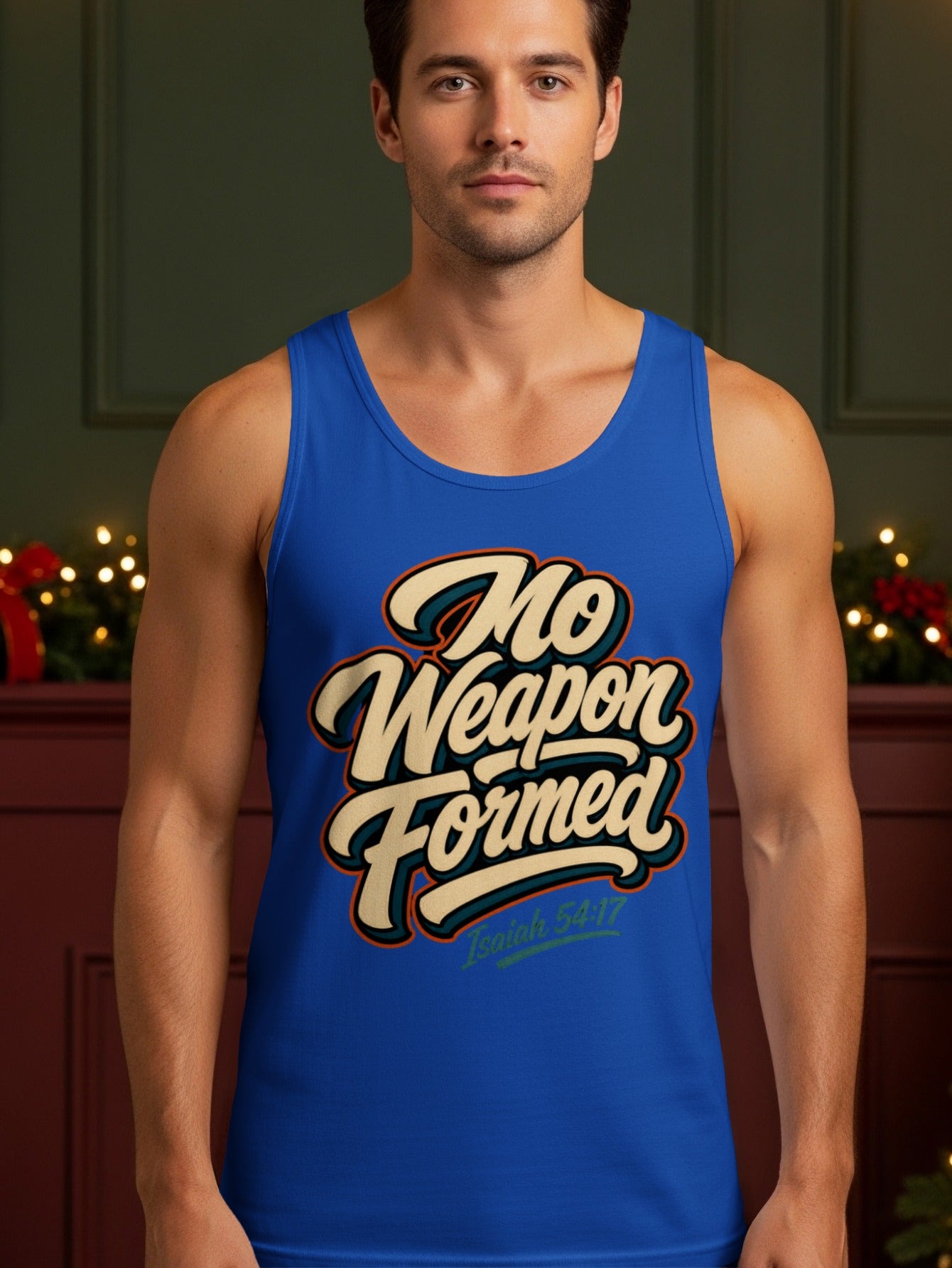 Man in blue tank top with "No Weapon Formed" and "Isaiah 54:17" text.