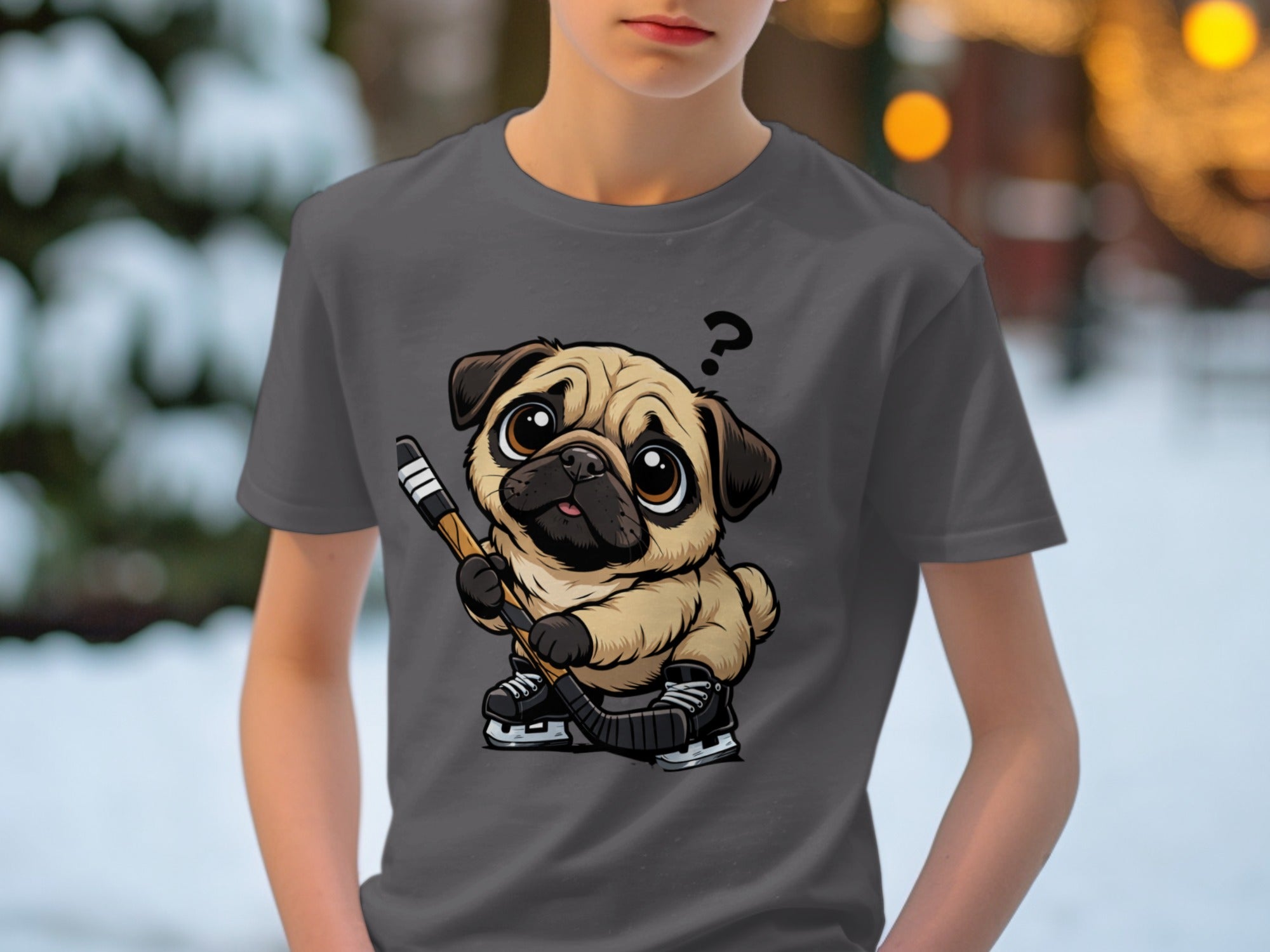 Cartoon pug wearing ice skates and holding a hockey stick with a question mark above its head.