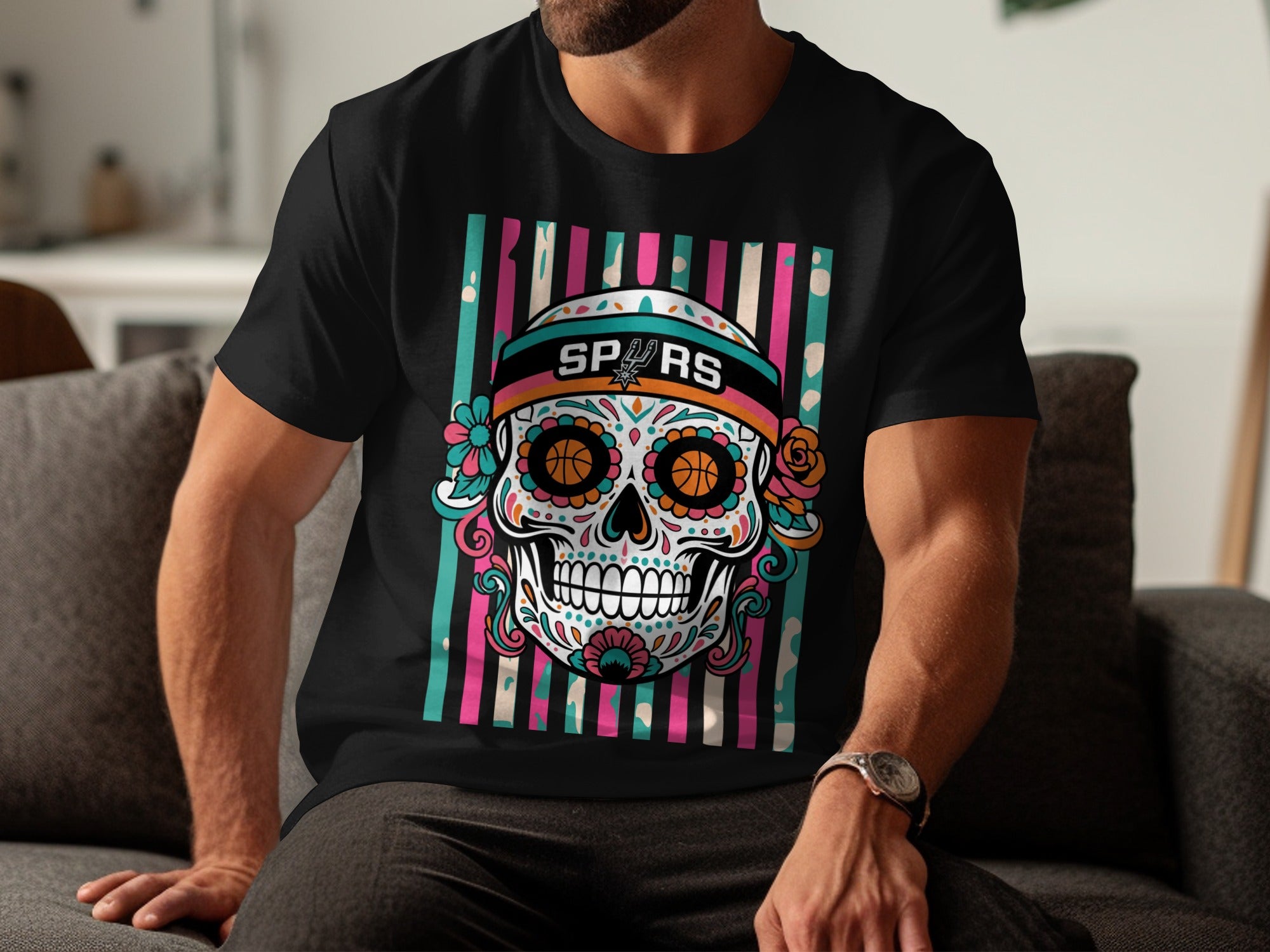 Black t-shirt with colorful sugar skull graphic and "Spurs" text.