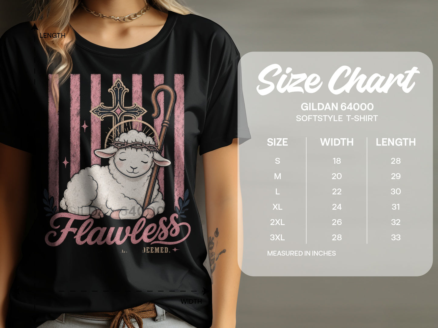 Black t-shirt with lamb, cross, staff, and "Flawless" text; size chart included.