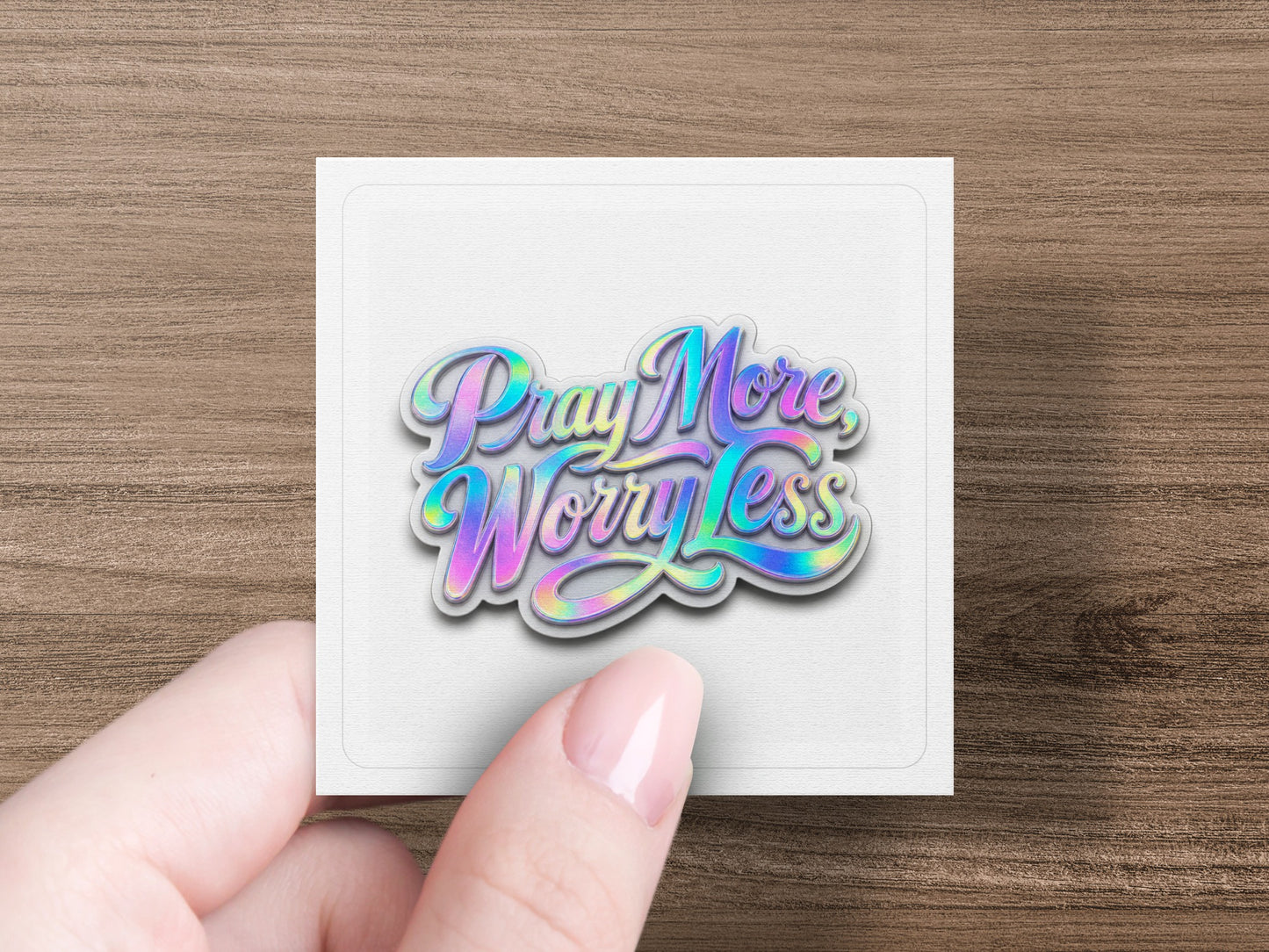 Holographic sticker with "Pray More Worry Less" text held by fingers.