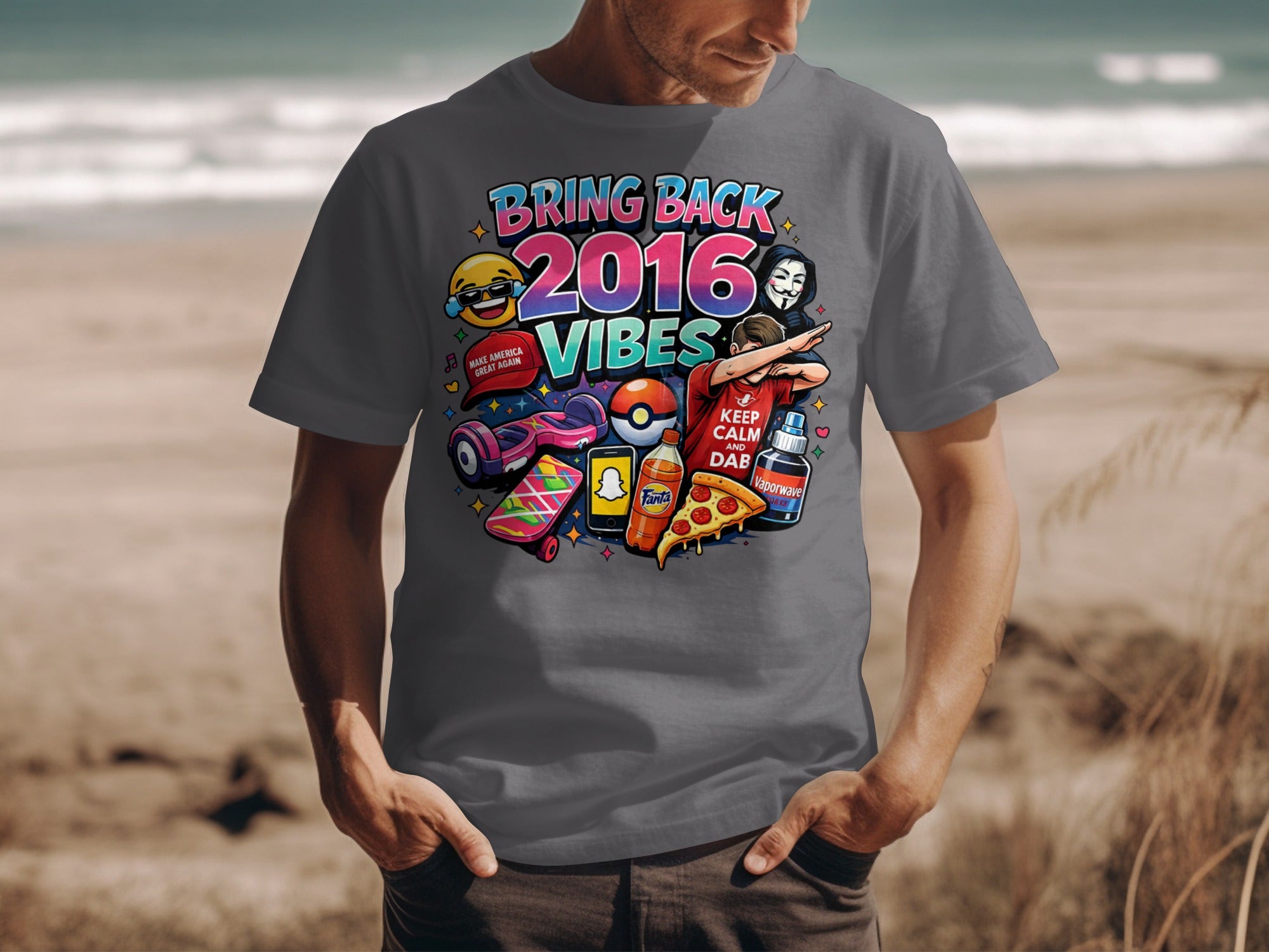 T-shirt with "Bring Back 2016 Vibes" graphic, emojis, and pop culture items.