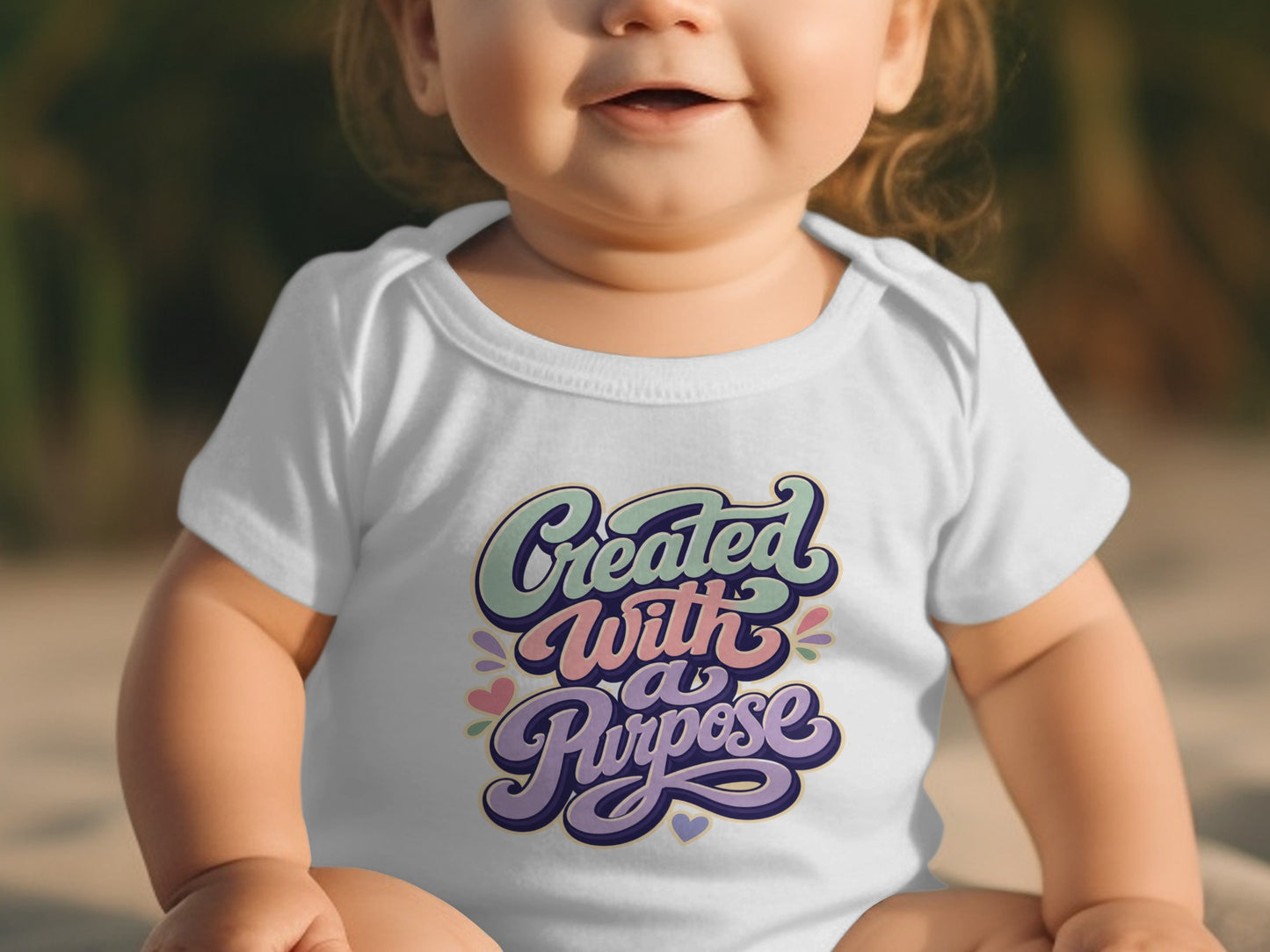 Baby onesie with text "Created With a Purpose" and heart accents.