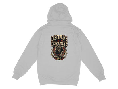 Gray hoodie with "Discipline Over Dopamine" text and bull graphic.