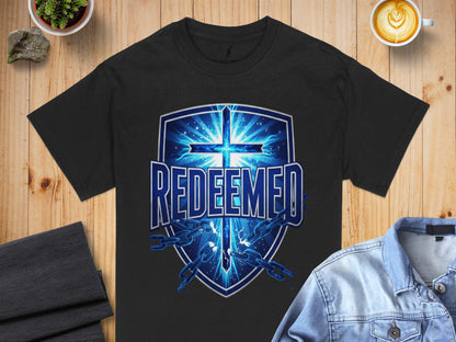 Black t-shirt with a blue shield design featuring a cross and broken chains.