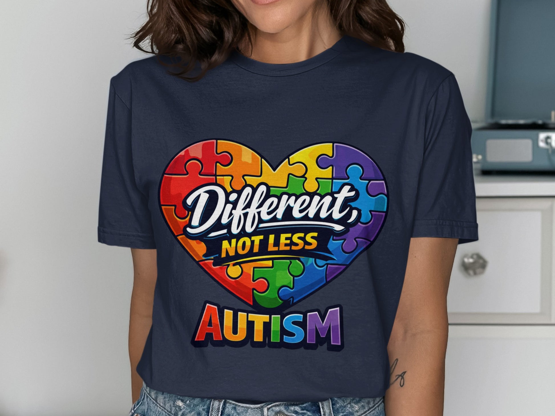 Autism heart puzzle with "Different, Not Less" and "Autism" text.