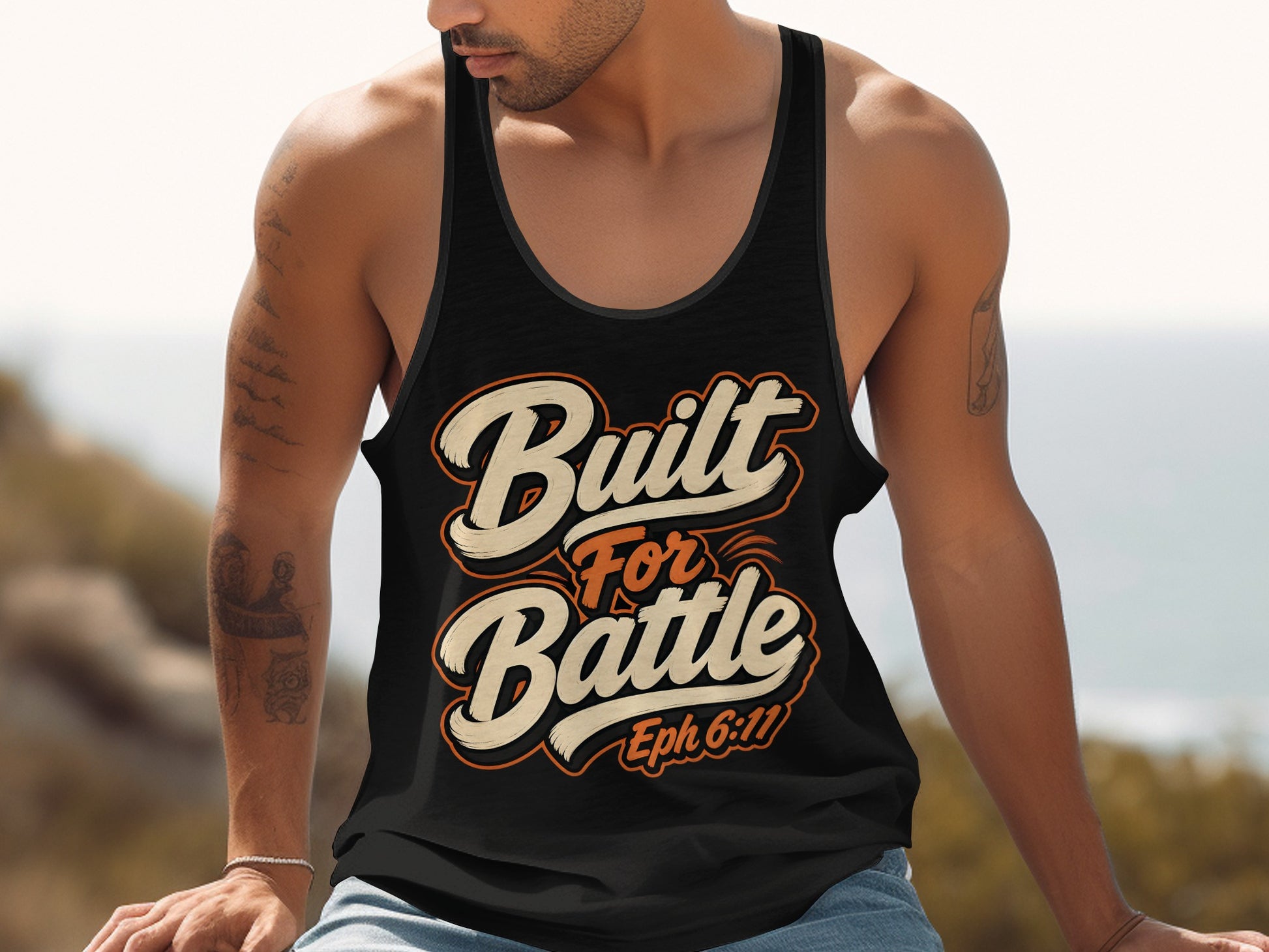 Black tank top with "Built For Battle Eph 6:11" text design